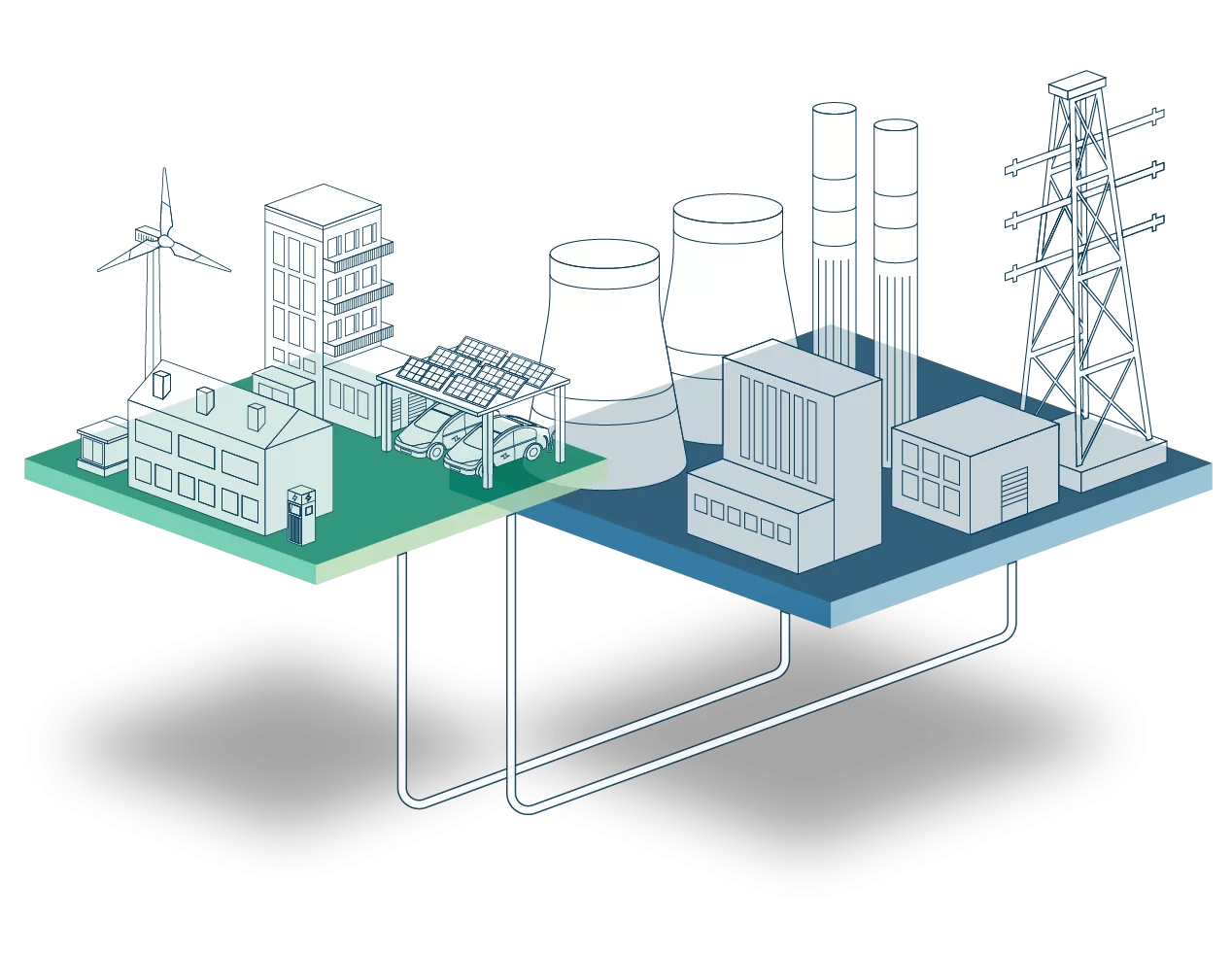 Verbeelding van het centrale en lokale deel van het energiesyteem met gebouwen, torens en elektriciteitsmasten