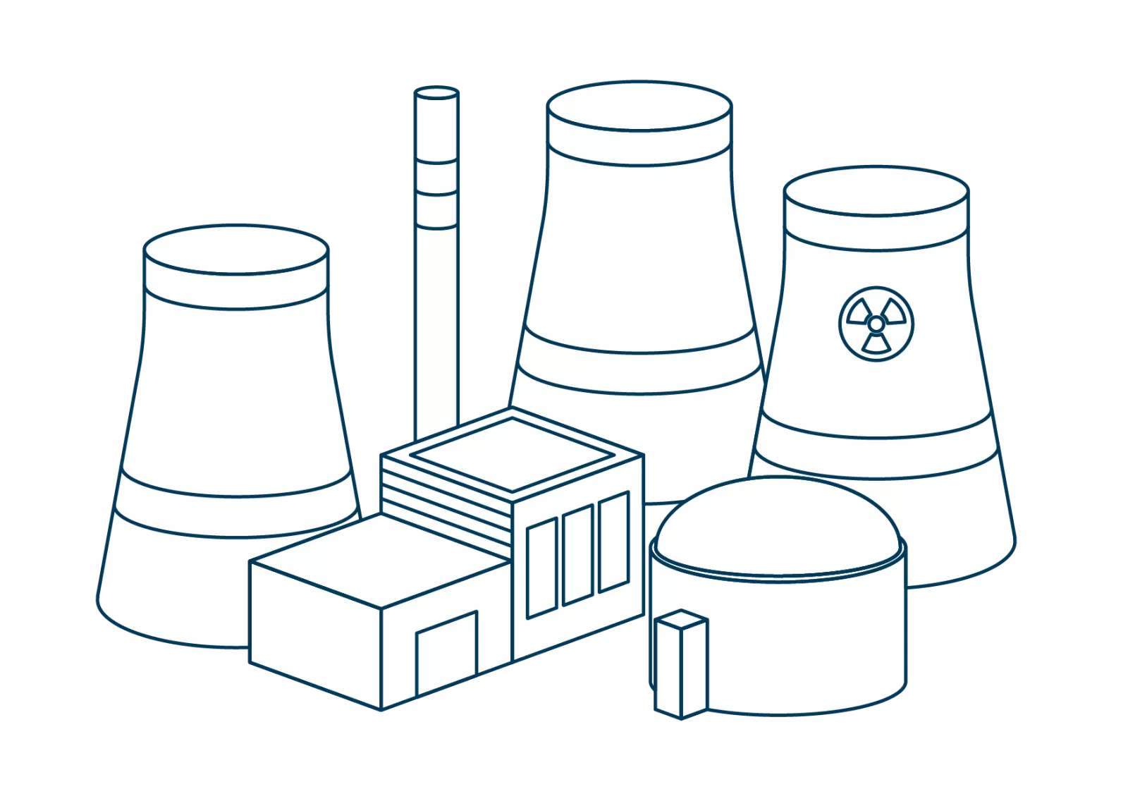 Een aantal gebouwen die de opwek van energie door kerncentrales verbeelden.